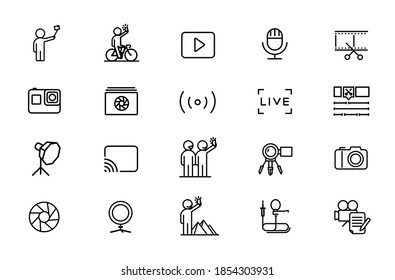 Equipment for photo-session and video-blogging. Set of vector icons with editable line. Pulsed flashes, studio light, camera, camera, lens, action camera