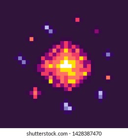Equipment of pixel game. Powerful explosion on black background. 8 bit graphics of elements, pixel-art bomb bang, pixelated cosmic object for mobile app games. Bang burst explode flash nuclear bubble