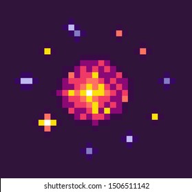 Equipment of pixel game. Powerful explosion on black background. 8 bit graphics of elements, pixel-art bomb bang, pixelated cosmic object for mobile app games. Bang burst explode flash nuclear bubble