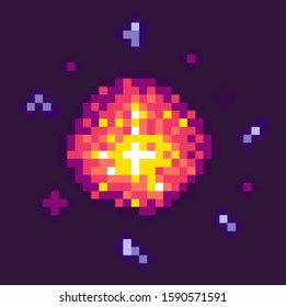 Equipment of pixel game. Powerful explosion on black background. 8 bit graphics of elements, pixel-art bomb bang, pixelated cosmic object for mobile app games. Bang burst explode flash nuclear bubble