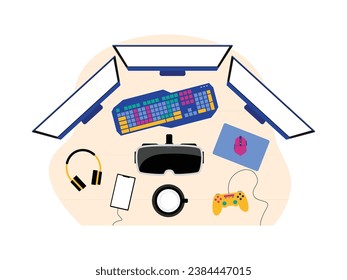 Equipos para jugar juegos a través de ordenador, palo, auriculares, teclado, gafas de realidad virtual del jugador, ilustración vectorial de la parte superior del escritorio.