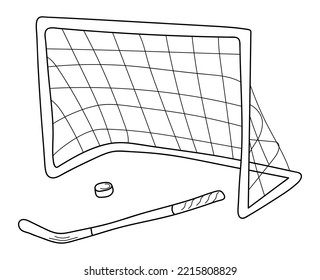 Equipment for playing hockey: stick  puck  goal  Doodle illustration highlighted white background  Vector elements winter sports ice 