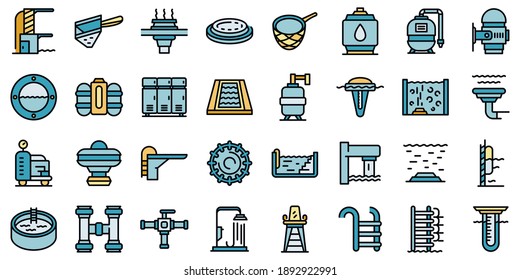 Equipment for pool icons set. Outline set of equipment for pool vector icons thin line color flat on white