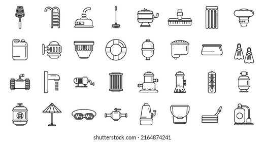 Equipment for pool icons set outline vector. Clean skimmer. Brush broom