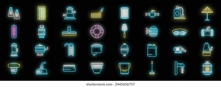 Equipment for pool icons set outline vector. Clean skimmer. Brush broom neon color on black