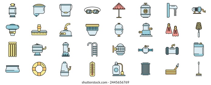 Equipment for pool icons set outline vector. Clean skimmer. Brush broom thin line color flat on white