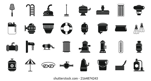 Equipment for pool icons set simple vector. Clean skimmer. Brush broom