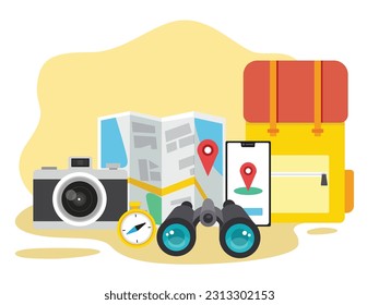 Equipment preparation for exploring adventure.with bag, binoculars, map, phone, camera and compas.vector illustration