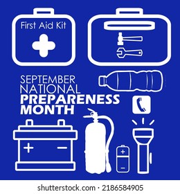 Equipment preparation icons such as first aid kits, tools, batteries, drinks, flashlights, fire extinguishers, telephones with bold text on blue background, National Preparedness Month on September