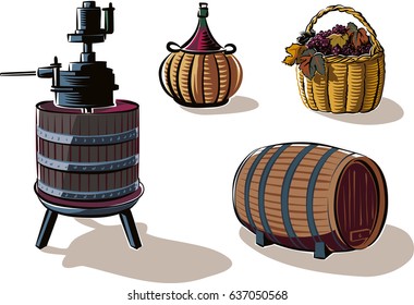 Equipment to produce wine: wine press, barrel, carboy, and basket of ripe grapes just harvested.