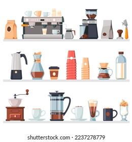 Equipment and products for making coffee beverages. Isolated machine and cezve, grinder and pot, plastic cup and milk, press and different types of drink, mocha and cappuccino. Vector in flat style