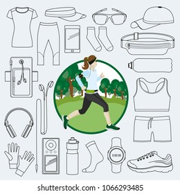 Equipment for running. Girl running against the trees. Vector outline objects for jogging. Clothes, running shoes, accessories.