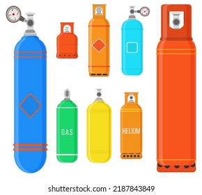 Equipment for safe butane and propane, oxygen balloon. Oxygen gas tank cylinder on white background. Set of multicolored gas cylinders in cartoon style. Colorful vector illustration in flat design.