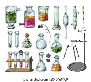 Equipment for science experiments in chemical laboratory. Various glass lab flasks, test tubes and beaker with colored liquids, burner, tripods and holders. Vector sketches.