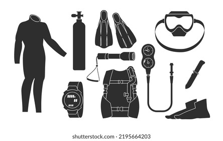 Equipment for scuba diving set of black icons or symbols, silhouette vector illustration isolated on white background. Diver or aqulanguist costume and scuba for dive.