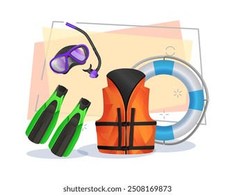 Equipo para buceo conjunto de Ilustración vectorial. Flippers, máscara de snorkel, chaleco salvavidas, boya salvavidas. Deporte acuático, actividad de ocio, concepto de pasatiempo