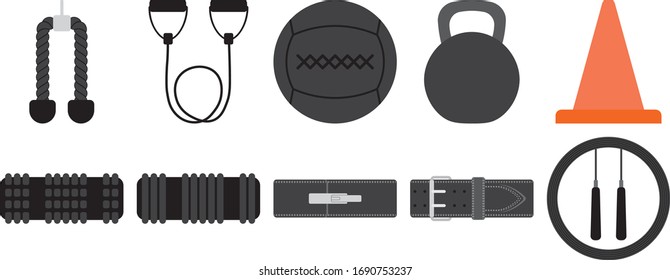 Equipment set for accessory training at the gym. Vector graphic.

1.	Rope Pulldown
2.	Resistance bands
3.	Medicine ball
4.	Kettlebell
5.	Cones
6.	Foam Roller
7.	Skipping rope
8.	Weightlifting belt
