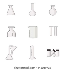 equipment set in chemical laboratory such as conical flask, volumetric flask, round bottom flask, glass bottle, beaker, test tube, filtering funnel, cylinder and reagent bottle.