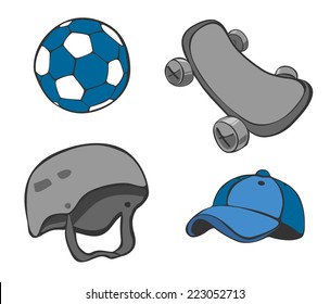 Equipment Set, Sketch Of Skateboard, Helmet, Cap, Ball In Vector Illustration.