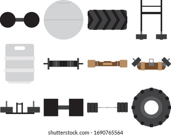 Equipo para entrenamiento de hombre fuerte. Gráfico vectorial.
1.	Piel de pata
2.	Piedra Atlas
3.	Neumático
4.	Yugo
5.	Mano
6.	Registro metálico
7.	Carne de roble austriaca
8.	Cargadores de granjeros
9.	El timbre del fuerte
 10.	Caña de neumáticos