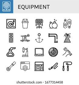 conjunto de iconos sencillos del equipo. Contiene iconos tales como Huella digital, Trazadera, Papelera, Lámpara de piso, Bomba, Tapones, Control remoto, Catapult, Anclaje, que se pueden utilizar para web, móvil y logotipo