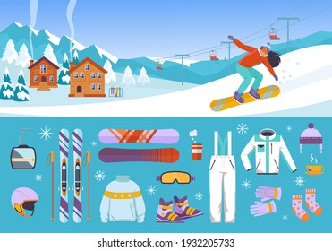 Equipment skiers and snowboarders set. Warm white jumpsuit with wool socks descent boards and professional skiing with poles blue helmet special boots orange snow mask with gloves. Vector activity.