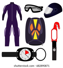 Equipment for skydiving, set. Rig, Altimeter, Hook knife, helmet, jumpsuit, goggles. Vector illustration, isolated.