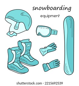 Equipment for snowboarding. Isolated vector illustration on a white background. Elements for a snowboarder: helmet, board, gloves, boots, glasses.