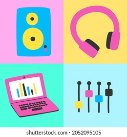 Equipment For Sound Recording And Radio, Bright Icons In Flat Style.