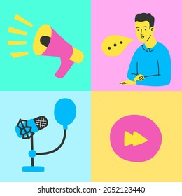 Equipment for sound recording and radio, bright icons in flat style.