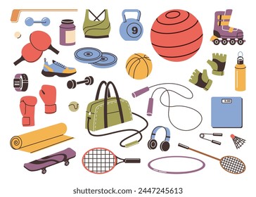 Equipment for sports activities, isolated training and gym balls and rackets for tennis. Vector headphones and scales, boxing gloves and yoga mat. Clothes and barbells, water bottle and jump rope