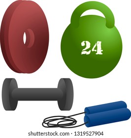 equipment for sports in the gym. Dumbbells, jump rope, disc, weights