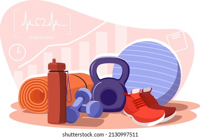 Equipment for sports training and fitness. Dumbbells, water bottle, kettlebell, sneakers and ball. Weight loss, cardio exercises, everything you need to exercise. Stock vector illustration.