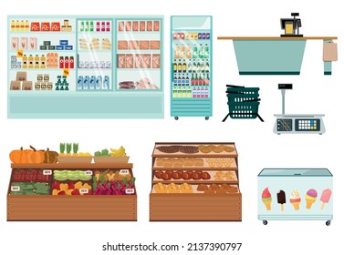 Equipment and storefronts for grocery stores. Shelves filled with products, cash drawer, scales. vector illustration.