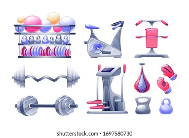 Equipment for strong muscles, slim figure, fitness exercise or yoga training. Gym powerlifting, sport bodybuilding tools. Weight, gymnastic ball, barbells, kettlebells, dumbbells. Vector illustration.