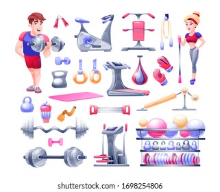 Equipment for strong muscles, slim figure, fitness exercise or yoga training. Gym powerlifting, sport bodybuilding tools. Weight, gymnastic ball, barbells, kettlebells, dumbbells. Vector illustration.