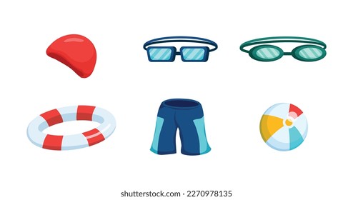 Schwimmausrüstung Schwimmkonzept für einzelne Vektorgrafik mit einer Reihe notwendiger Ausrüstung, roter Schwimmdeckel, blaue Schwimmbrille, grüne Schwimmbrille, Rettungsboje,