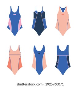 Equipment for swimming. Isolated flat vector illustration with a set of nice swimsuits for women and girls. Swimming pool concept. Water sports.