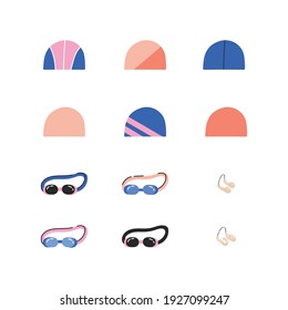 Equipment for synchronized swimming. Isolated flat vector illustration with a set of necessary equipment such as googles, nose clip and swimming cap. Artistic swimming concept.