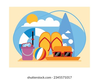 Equipment to take on vacation to the beach, surf board, life jacket, sandals, ball, glasses and hat, summer vector illustration.