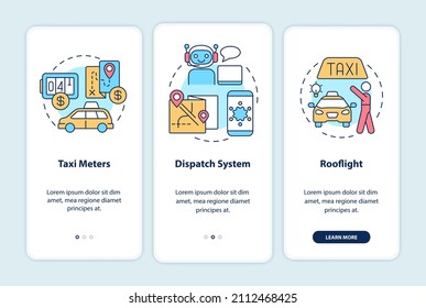 Equipment for taxi business onboarding mobile app screen. Service walkthrough 3 steps graphic instructions pages with linear concepts. UI, UX, GUI template. Myriad Pro-Bold, Regular fonts used