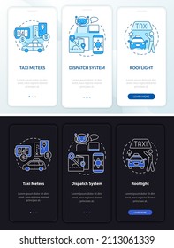 Equipment for taxi day and night theme onboarding mobile app screen. Taxicab walkthrough 3 steps graphic instructions pages with concepts. UI, UX, GUI template. Myriad Pro-Bold, Regular fonts used
