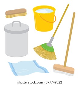 Equipment Tool Cleaner Housework Dustbin Brush Broom Mop Rag Bucket Cartoon Vector 