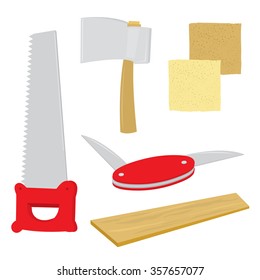 Equipment Tool Handcraft Saw Plank Sandpaper Axe Penknife Cartoon Vector