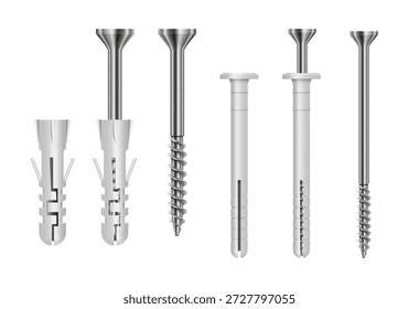 Equipment and tools for building and construction works. Vector in realistic style, isolated fastener for screws or bolts, nails with plastic plugs for better fixation in wall. Instruments handyman