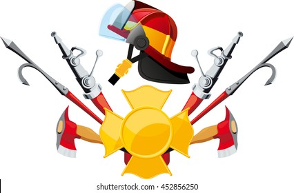Equipment and tools deployed fireman with helmet in profile isolated on white backgrounds