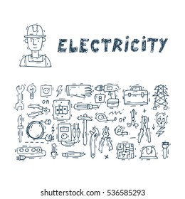 Equipment and tools electrician. Professional. Isolate icons. Hand drawn vintage style. Flat design vector illustration.