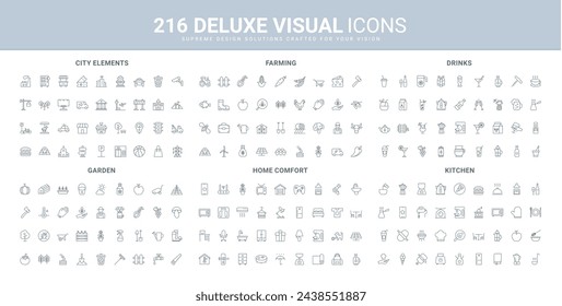 Equipment and tools for farming and gardening, cooking food in kitchen line icons set. City buildings and elements, comfort home system, farm livestock thin black outline symbols vector illustration