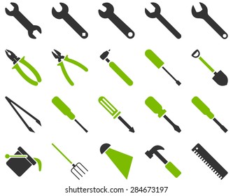 Equipment and Tools Icons. Vector set style: bicolor flat images, eco green and gray colors, isolated on a white background.