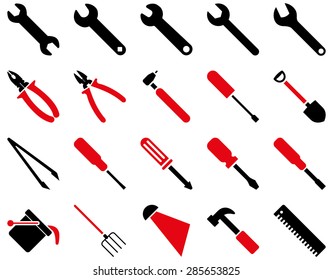 Equipment and Tools Icons. Vector set style: bicolor flat images, intensive red and black colors, isolated on a white background.